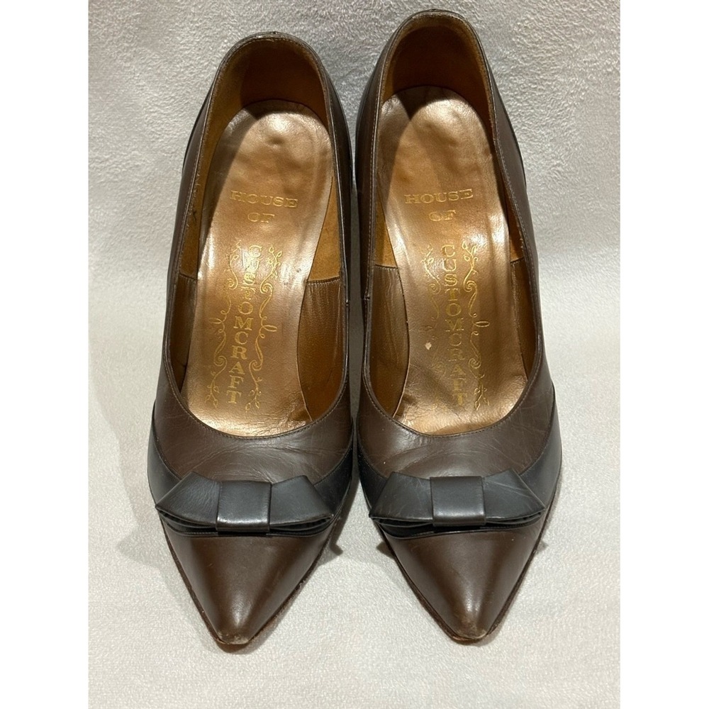 Vintage House of Customcraft Brown Leather Bow Pointed Toe Stiletto Pumps